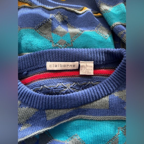 FINAL SALE‼️‼️ Men’s VTG Claiborne Blue Geometric Multicolor Pullover Sweater  L - Picture 8 of 10